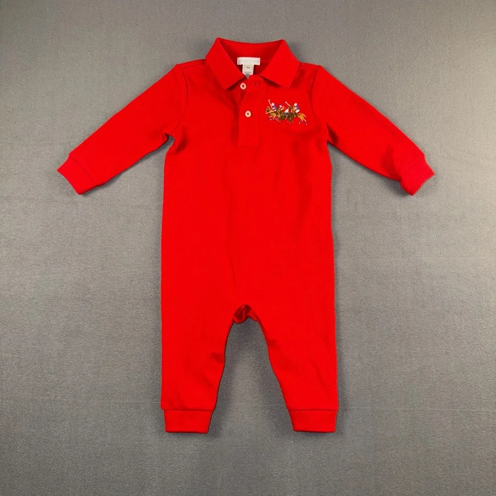 Ralph Lauren Baby Boys Red Long‎ Sleeve Triple Pony Polo Romper 9M